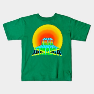 Irie Jamaica in the sun, Rasta colours and Jamaican flag in black green and gold inside the word Jamaica Kids T-Shirt